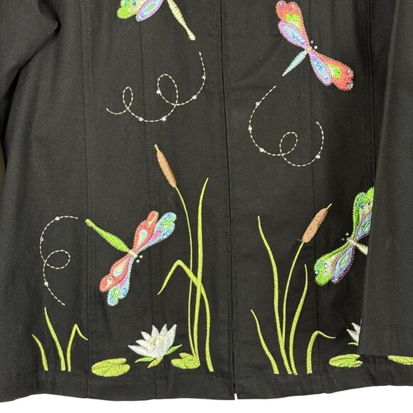 Quacker Factory Black Embroidered Dragonflies Jacket Sz Large Zip Up Colorful - Picture 3 of 10